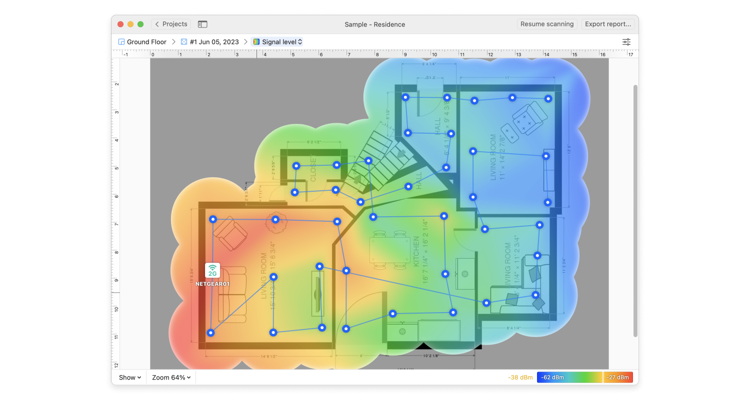 NetSpot’s “Heat Map” signal level