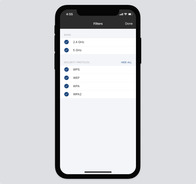 Filter by security protocol and frequency band - NetSpot for iOS