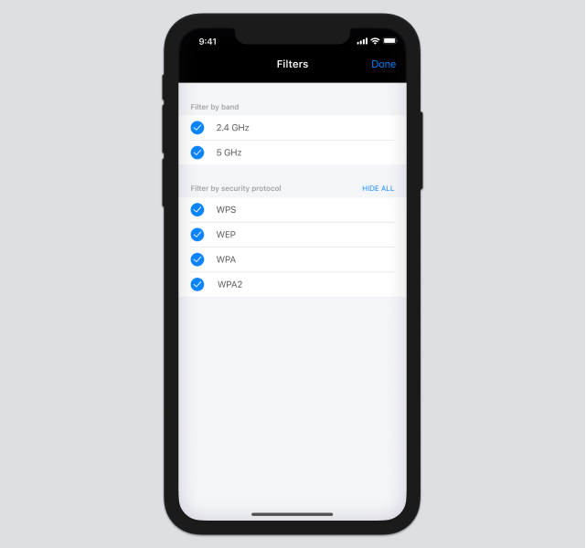 Filter by security protocol and frequency band - NetSpot for iOS