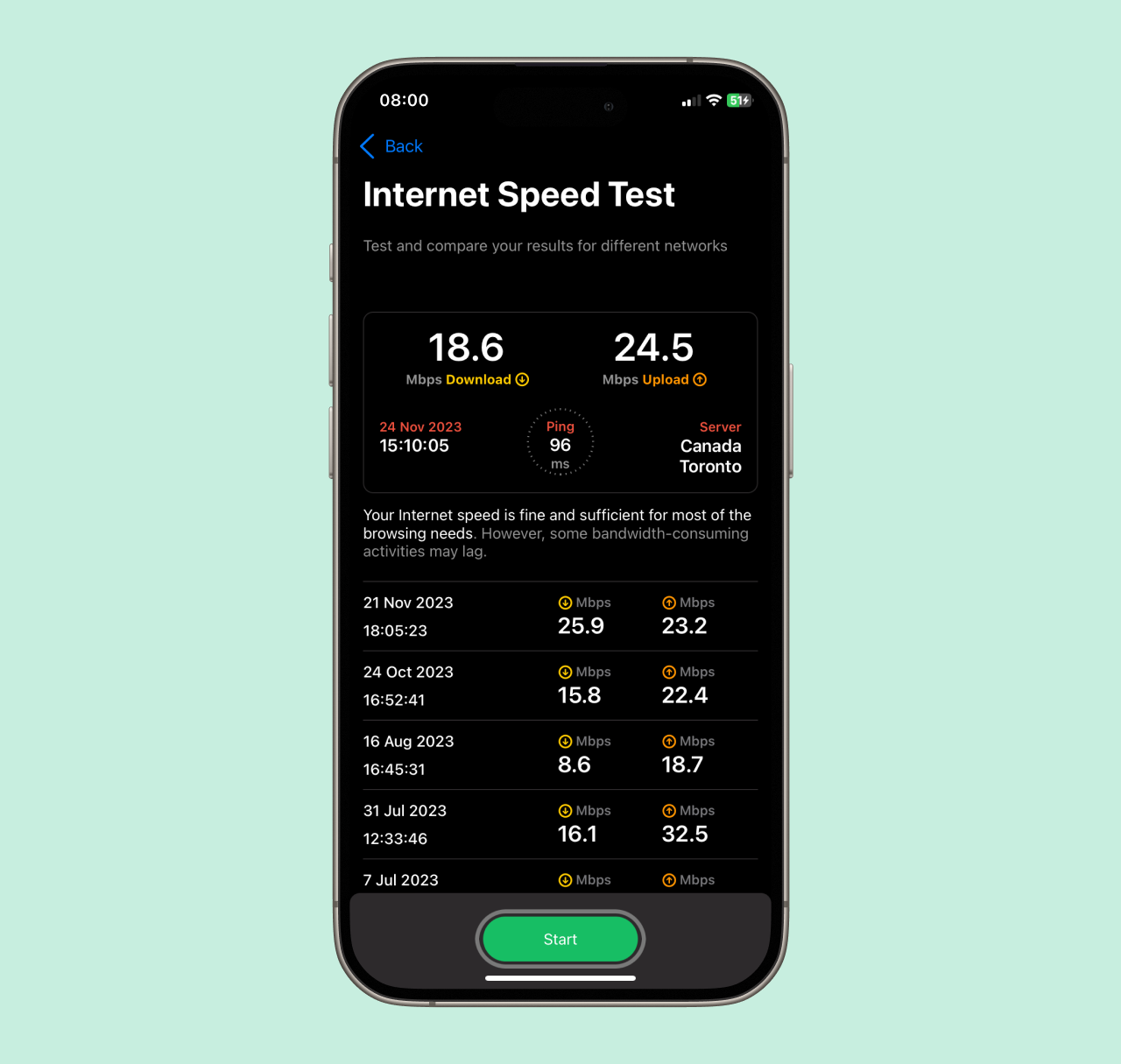 Speed Test result iOS