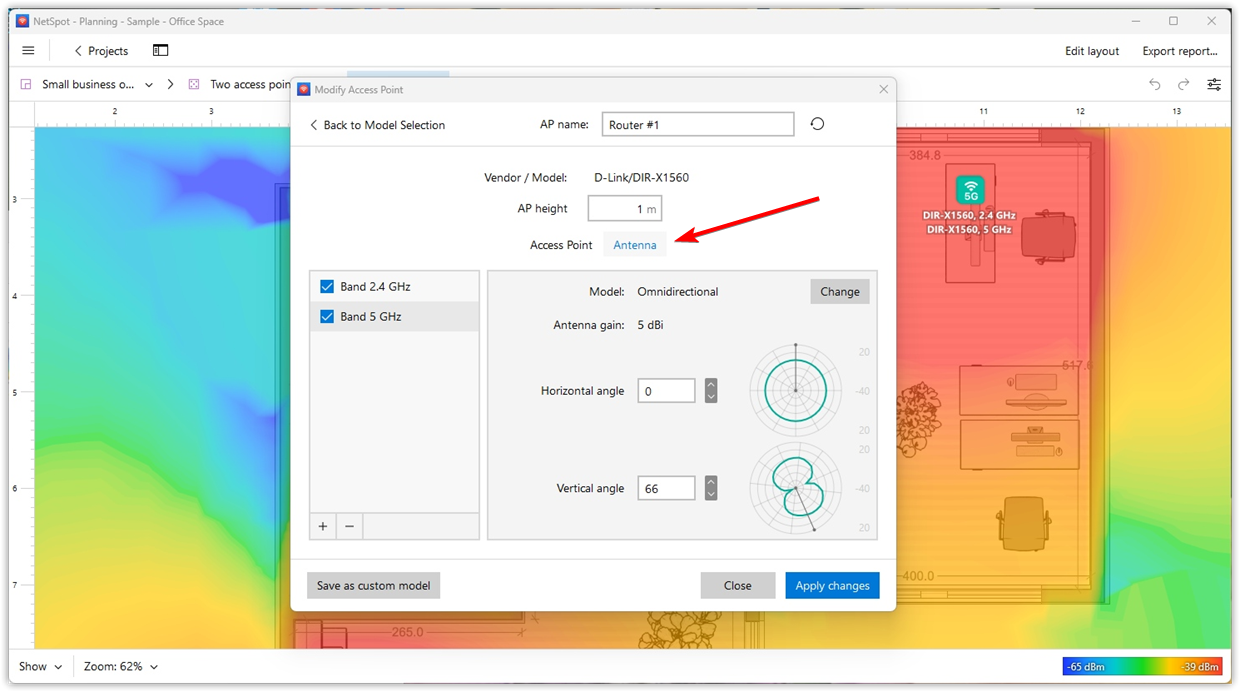 Antenna settings window in Planning Mode Antenna settings window in Planning Mode