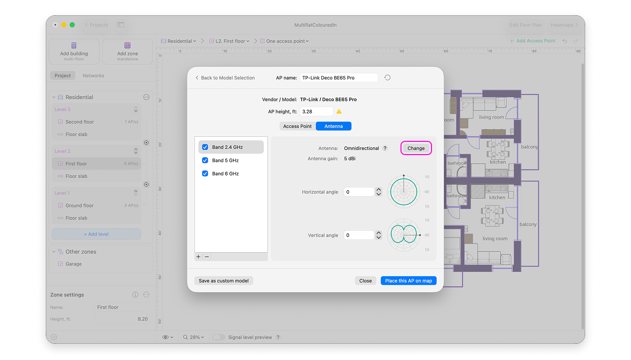 Specify the antenna parameters or import antenna information from a file