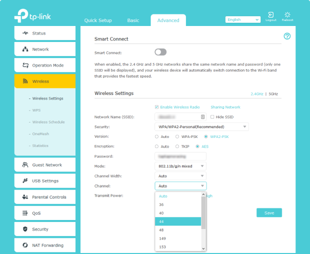 WiFi channel settings