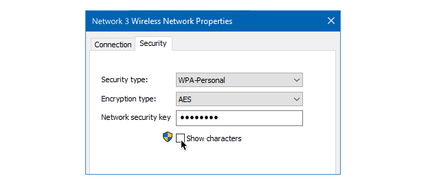 Show characters checkbox under Network security key