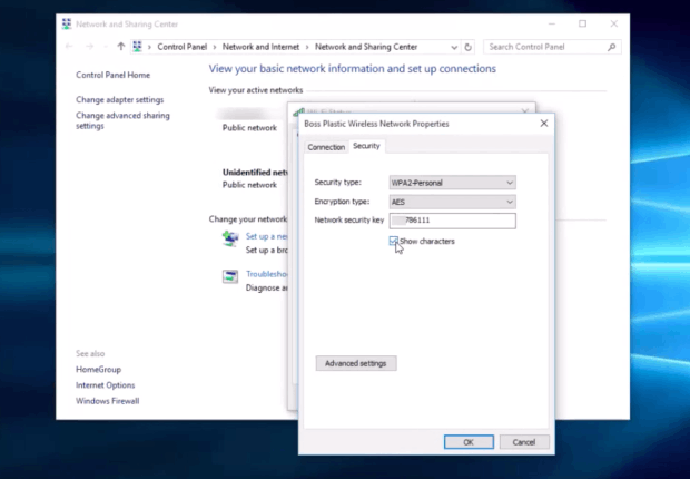 Click the Show characters check box to see the Network security key