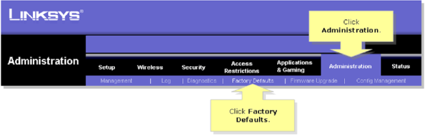 Linksys — Administration tab