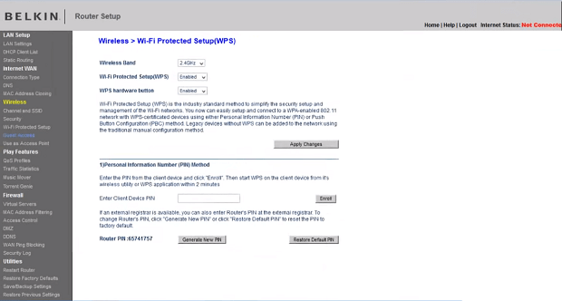 Belkin router’s admin panel