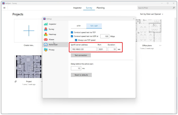 NetSpot — TCP/UDP section connection pane NetSpot — TCP/UDP section connection pane