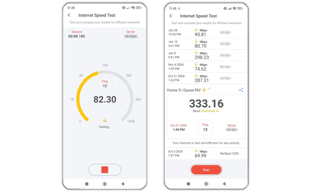 NetSpot에는 내장 속도 테스트 도구가 포함되어 있습니다.
