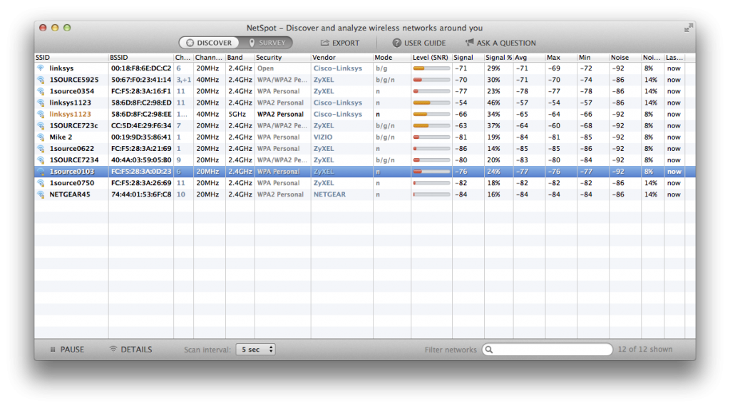 Discover Mode with almost all hidden columns enabled in NetSpot 2.2 Discover Mode with almost all hidden columns enabled in NetSpot 2.2